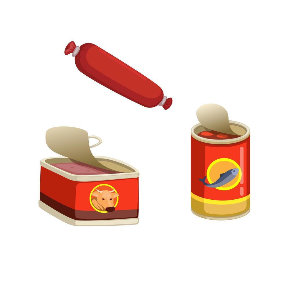 Canned food, sardine and sausage symbol set cartoon illustration vector