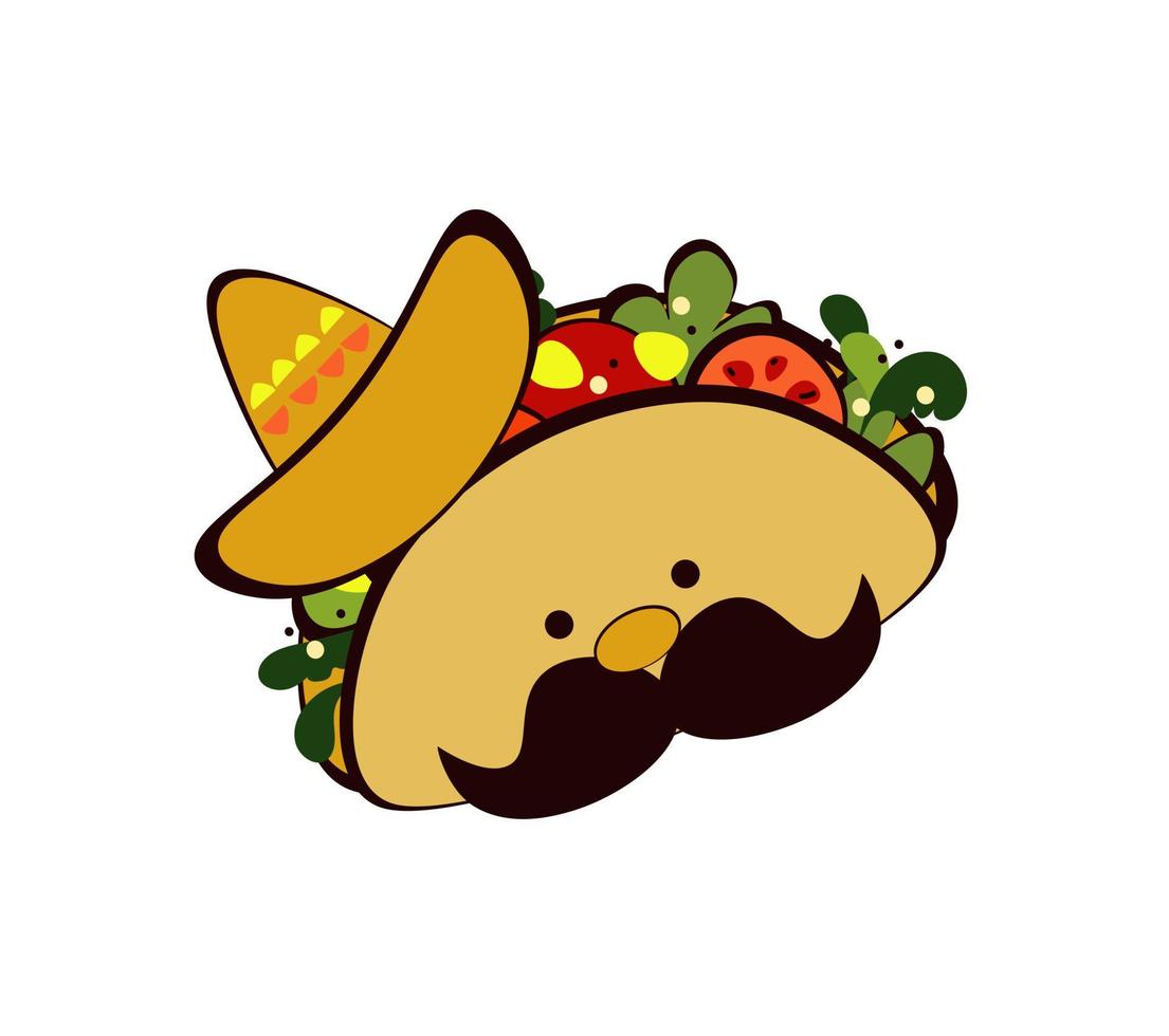 Tacos character sombrero doodle, traditional Mexican food, doodle sketch style vector illustration on white background.