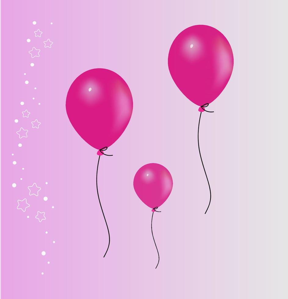 Baby shower horizontal banner with  helium balloons and stars on pink background.  Vector 3 d illustration