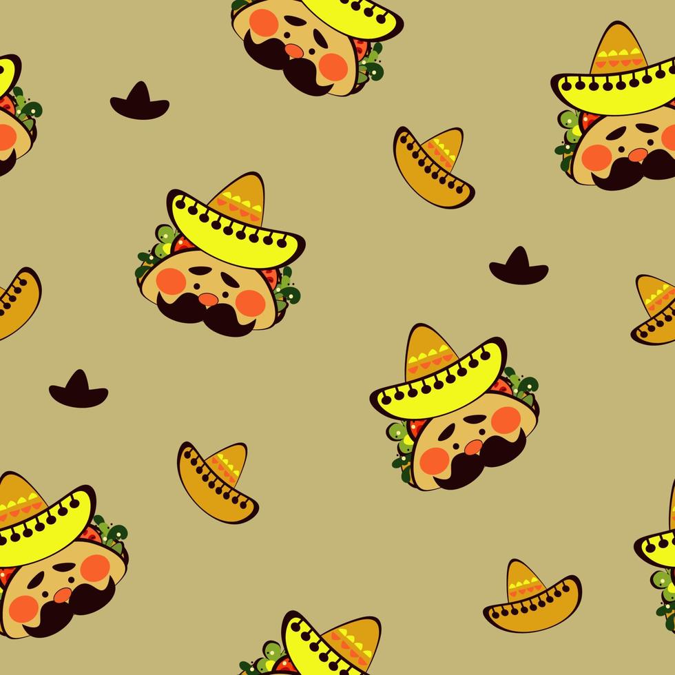 Seamless pattern Tacos character sombrero doodle, traditional Mexican food, doodle sketch style vector illustration on white background.