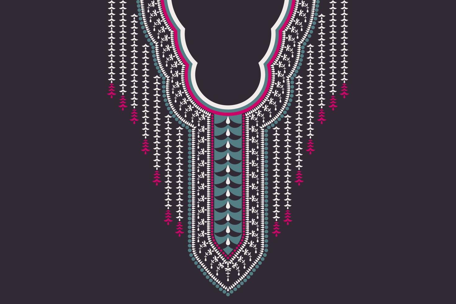 Ethnic geometric shape neckline embroidery pattern design on black color background. Tribal fashion for shirts. vector