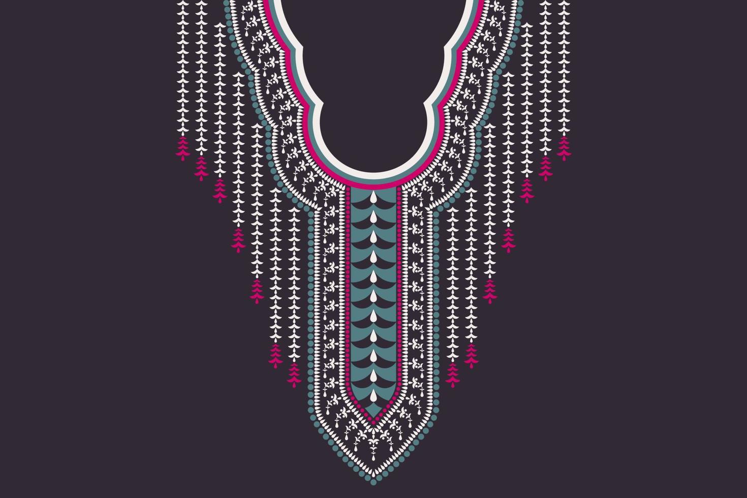 Ethnic geometric shape neckline embroidery pattern design on black color background. Tribal fashion for shirts. vector