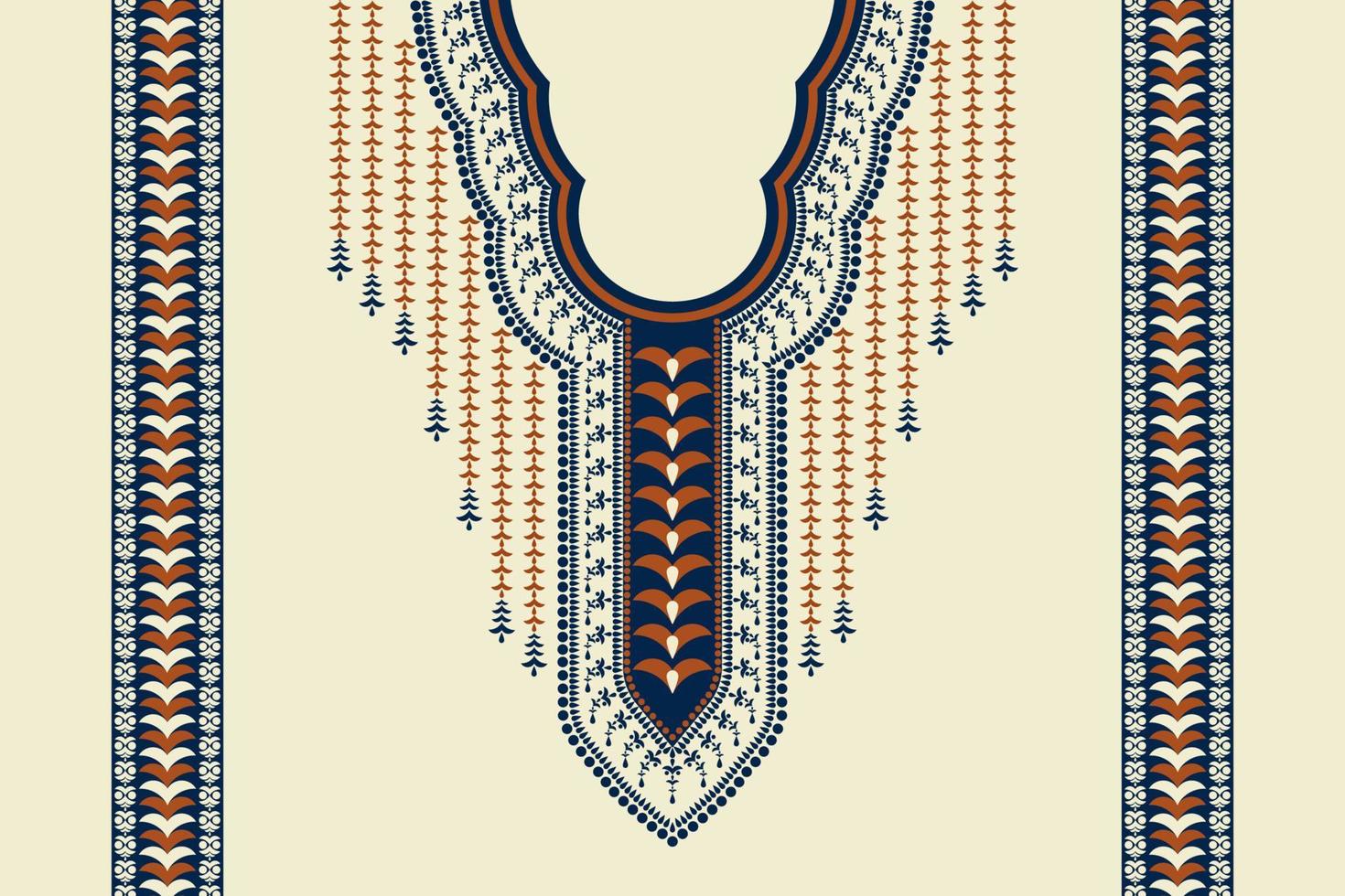 Ethnic neck embroidery pattern geometric shape with border vintage color on white cream background. Elegant tribal art for shirts. vector