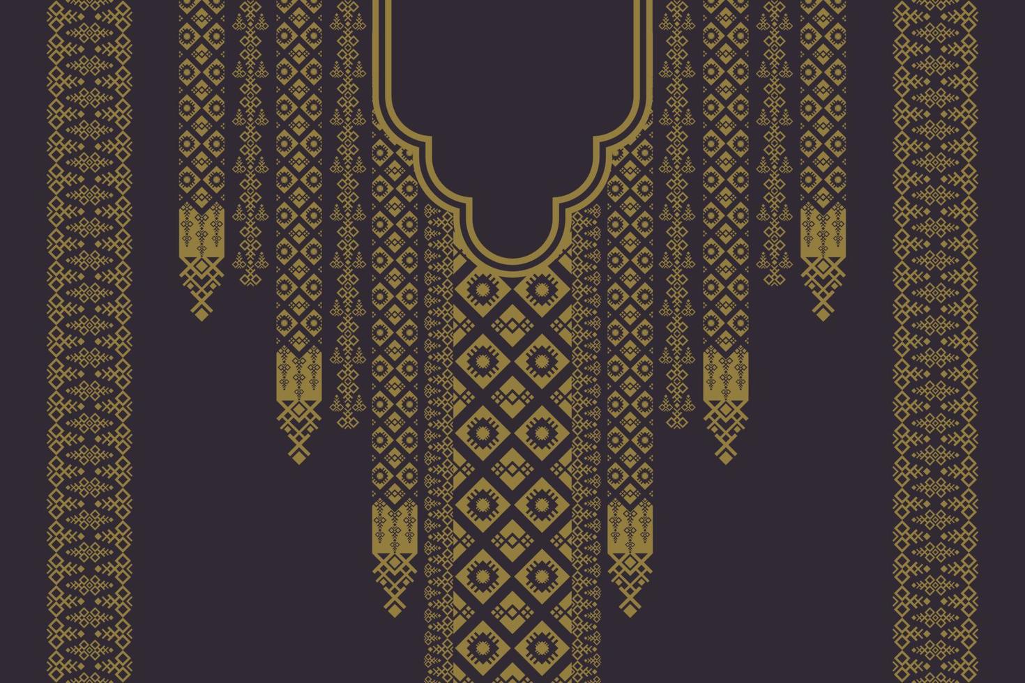 Luxury vintage gold color ethnic geometric shape neck embroidery pattern design with border on black background. Elegant tribal art fashion for shirts. vector