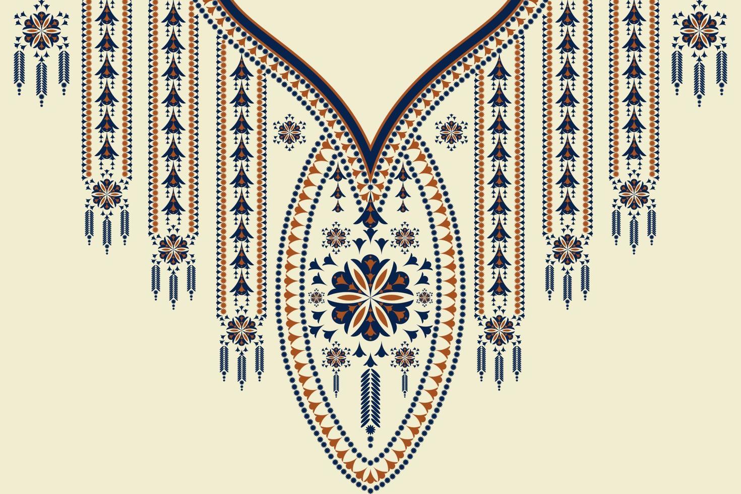 fondo de color vintage con forma de flor geométrica bordada en escote étnico. moda de arte tribal para camisas. vector