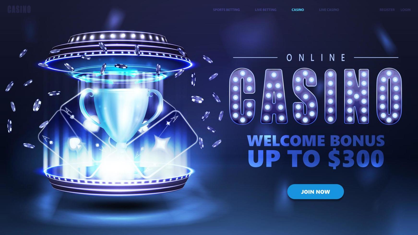 Online casino, blue banner with button, 3D podium, neon casino playing cards, poker chips and cup pf winner vector