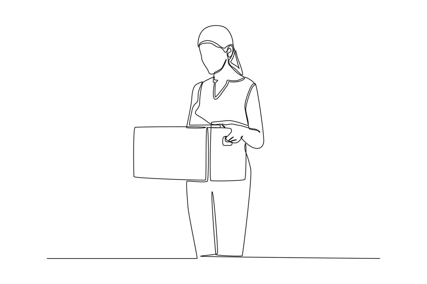 Continuous one line drawing businesswoman packing up personal belongings in the resign box.  Single line draw design vector graphic illustration.