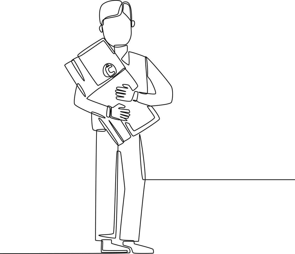 Continuous one line drawing Happy businessman holding a bunch of money in hands. Salary concept. Single line draw design vector graphic illustration.
