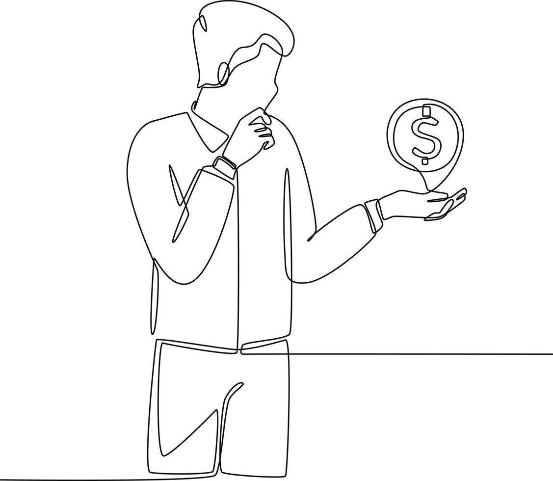 Continuous one line drawing dollar coin standing on the businessman hand. Single line draw design vector graphic illustration.