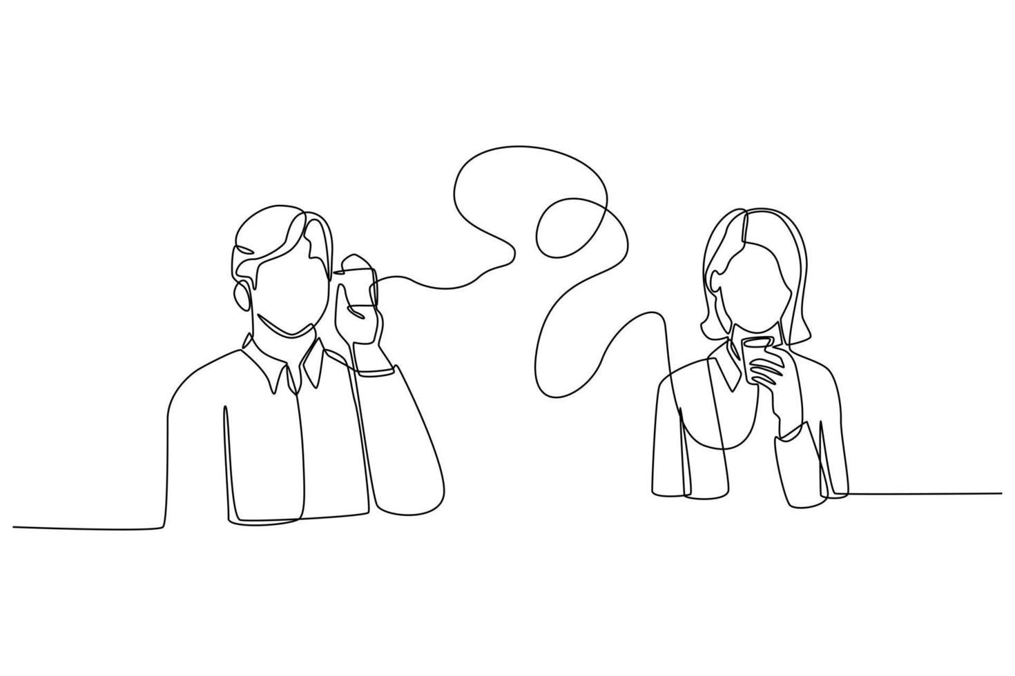 Continuous one line drawing business man and woman communicate with old technologies. Communication and Project management concept. Single line draw design vector graphic illustration.