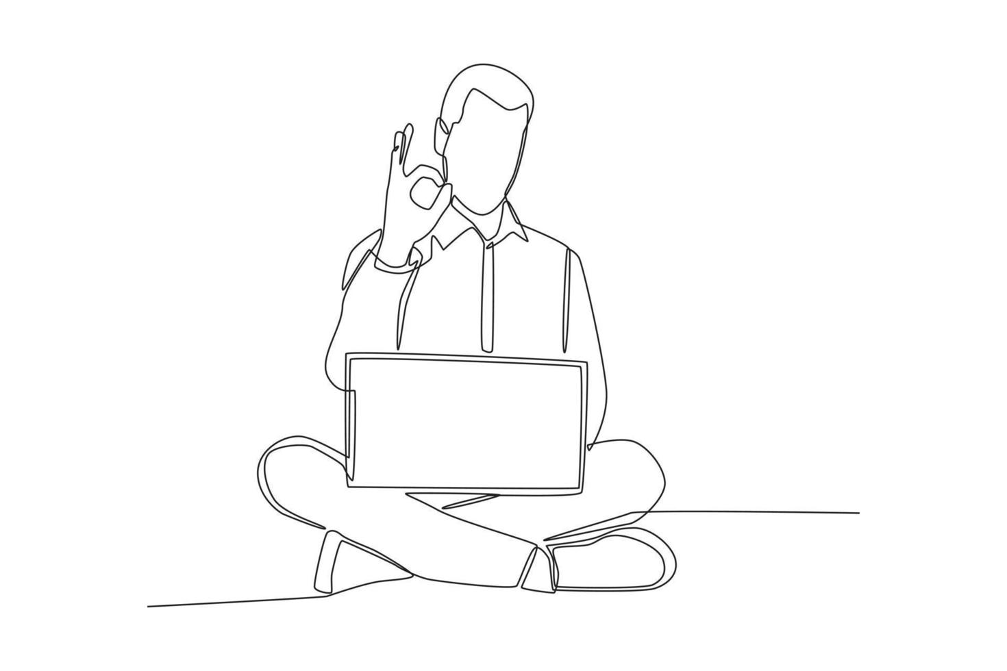 Continuous one line drawing business sit down with notebook and raise hand ok. Single line draw design vector graphic illustration.