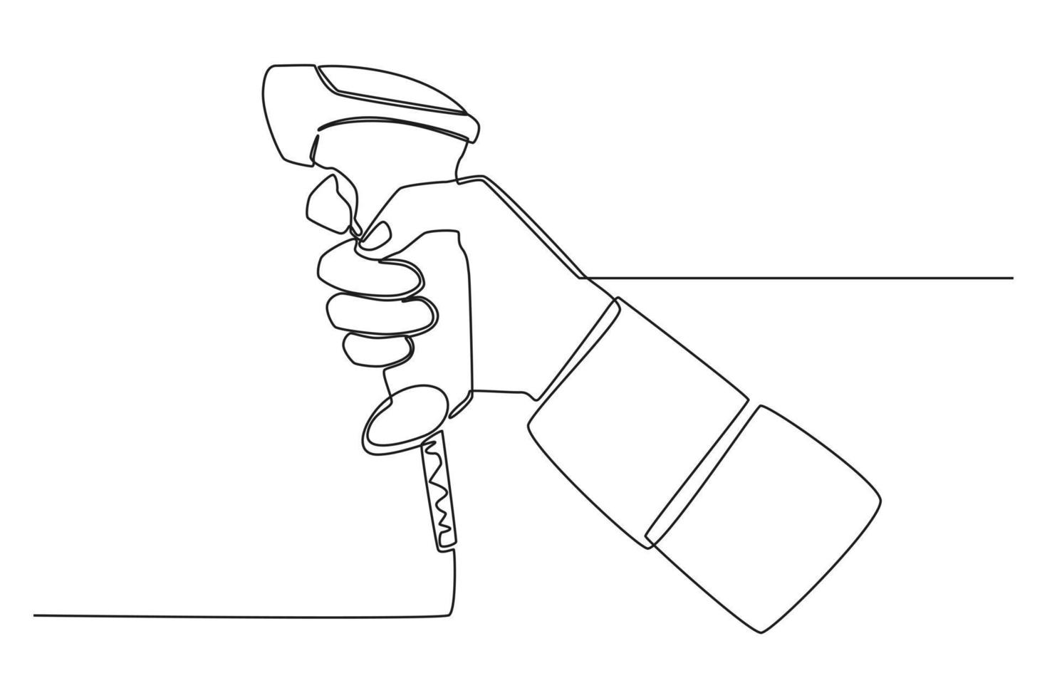 One continuous line drawing of hand are using barcode scanners. Shopping Mall concept. Single line draw design vector graphic illustration.