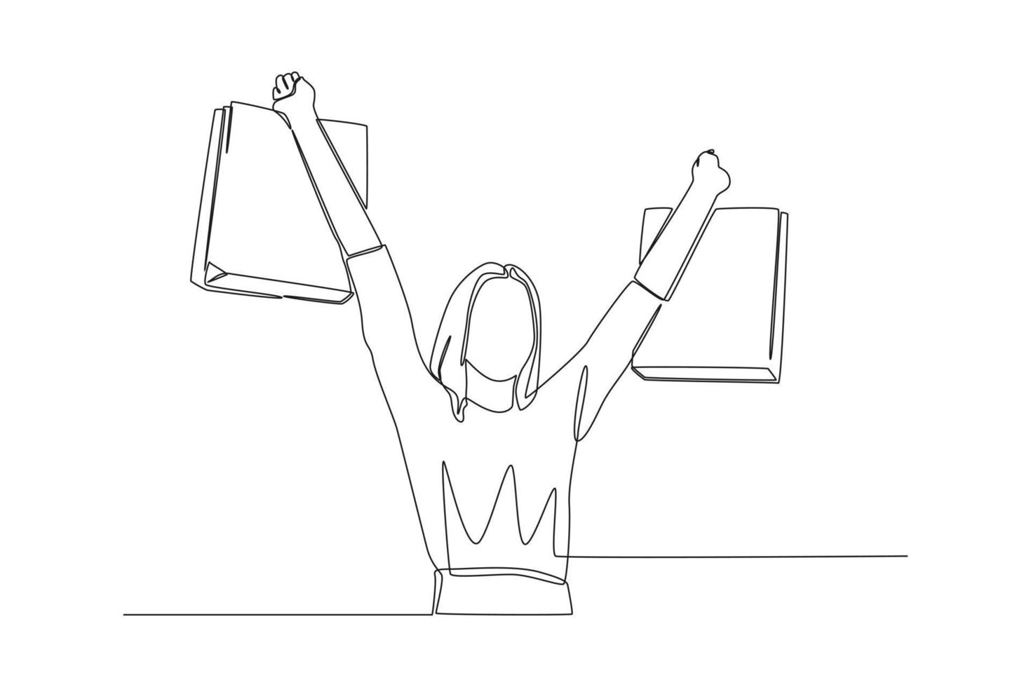 One continuous line drawing of happy satisfied woman rising hands with shopping bags. Shopping Mall concept. Single line draw design vector graphic illustration.