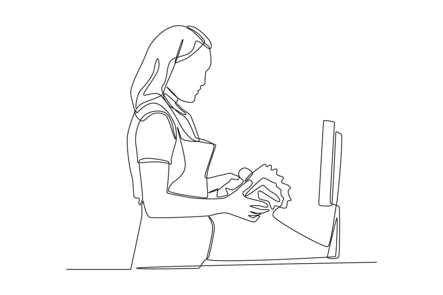 One continuous line drawing of female cashier scanning grocery items at