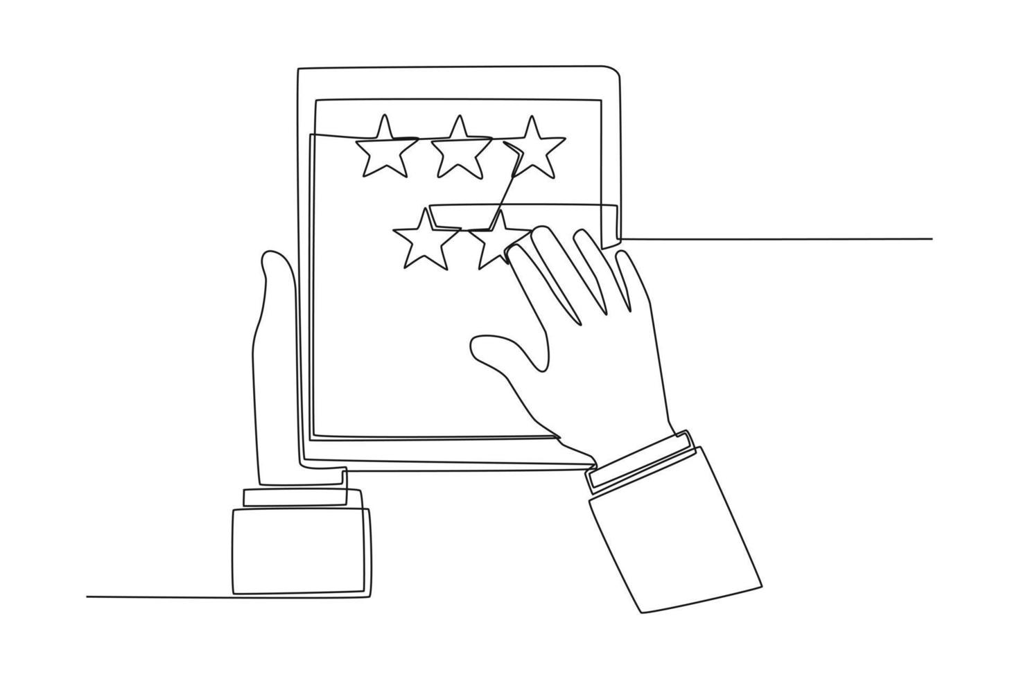 Continuous one line drawing customer gives full star rating for product on tablet. Satisfaction customer concept. Single line draw design vector graphic illustration.