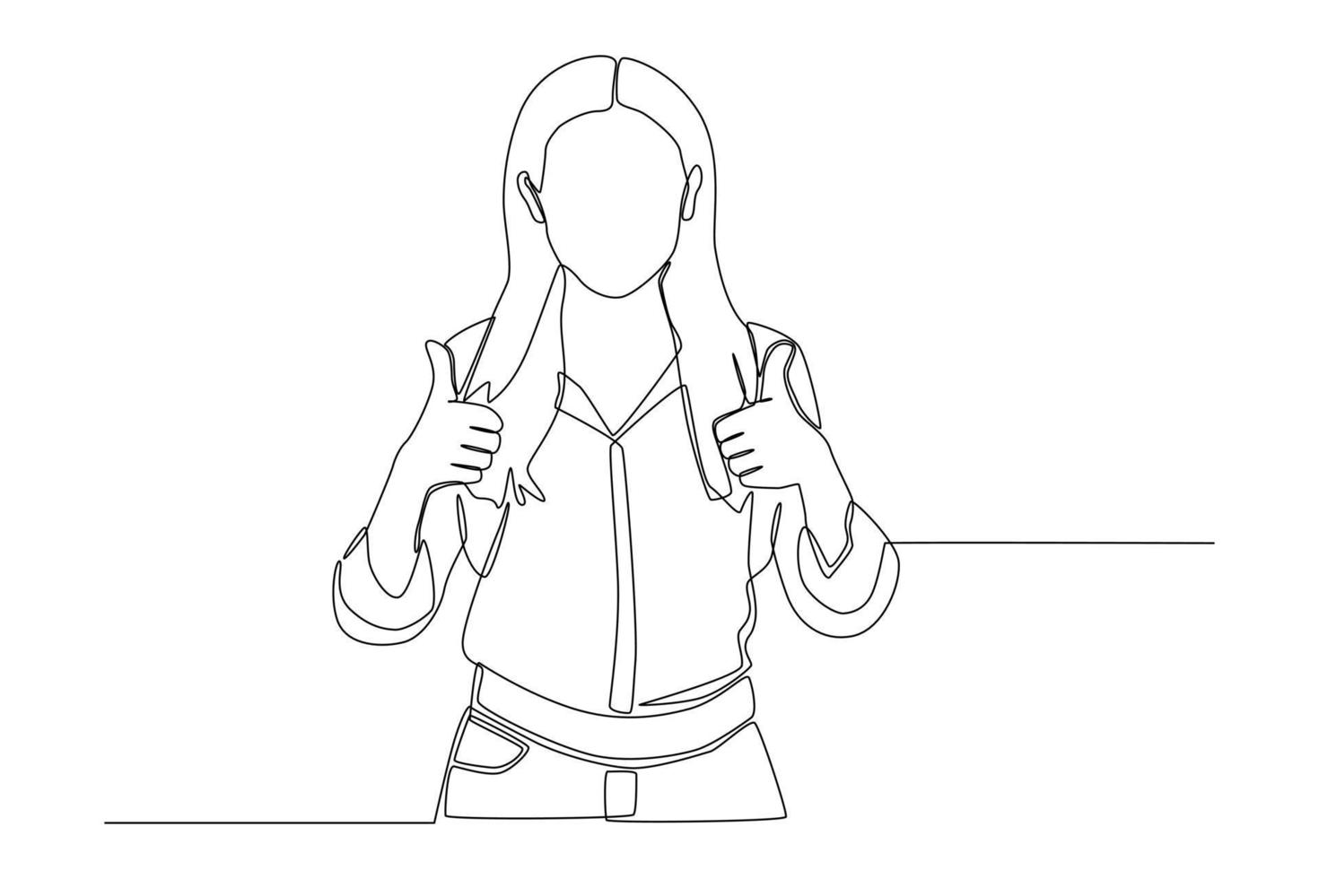 Continuous one line drawing young female showing thumps up. Satisfaction customer concept. Single line draw design vector graphic illustration.