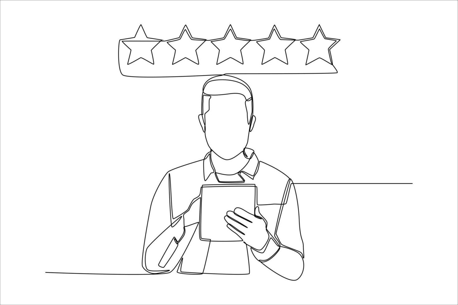 Continuous one line drawing young boy with tablet give full 5 stars to the services or product. Satisfaction customer concept. Single line draw design vector graphic illustration.