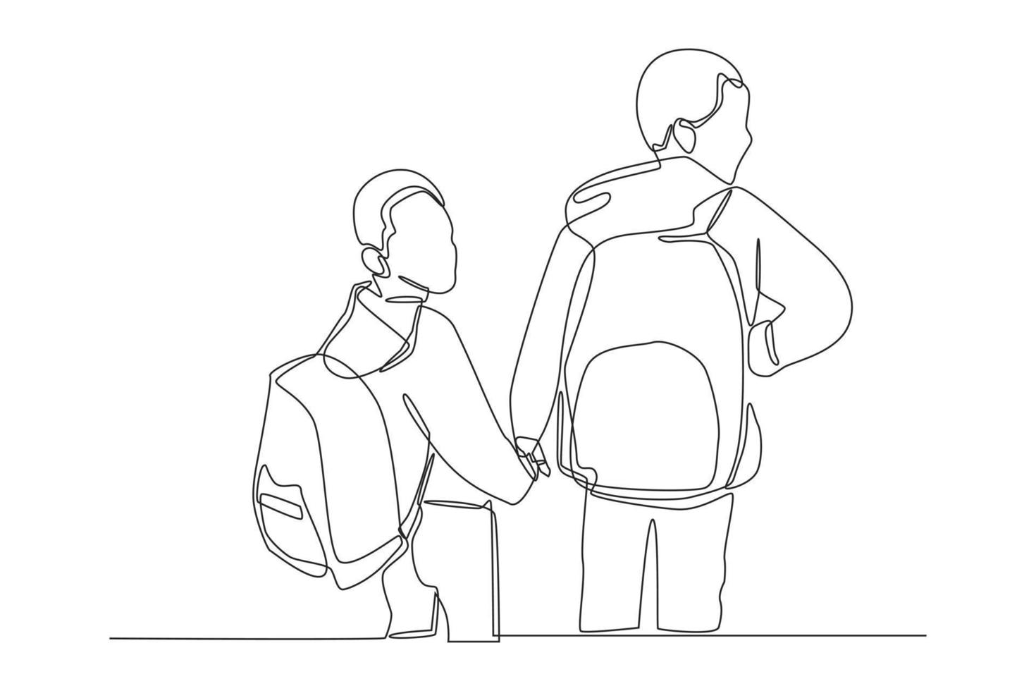 Continuous one line drawing two best friends studying together with bag on the their back going to class room. Back to school concept. Single line draw design vector graphic illustration.