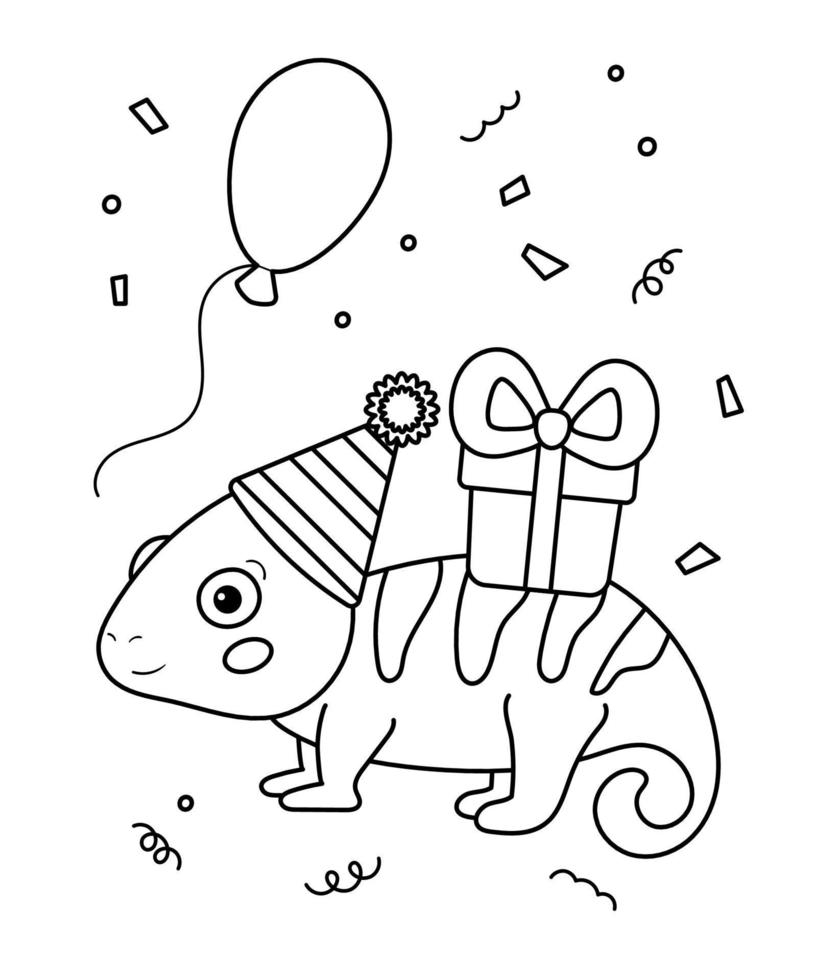 Cute cartoon chameleon with gift and balloon. Happy Birthday coloring page for children. Outline black and white vector illustration. Jungle animals.