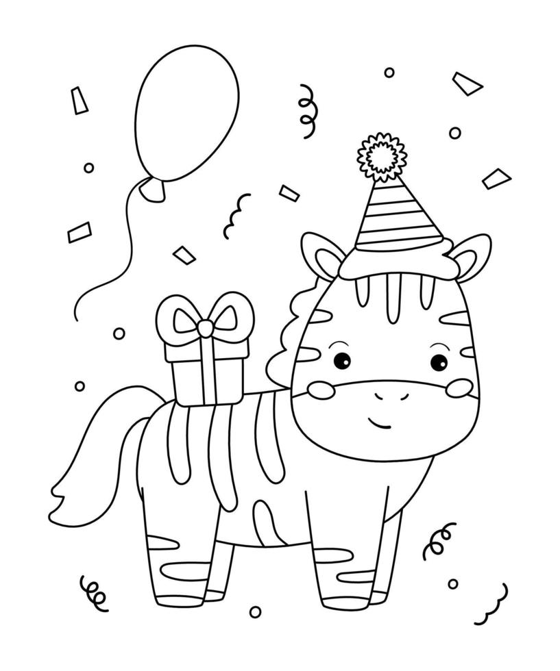 Coloring page for kids. Cute cartoon zebra with gift and balloon. Birthday party. Black and white vector illustration.