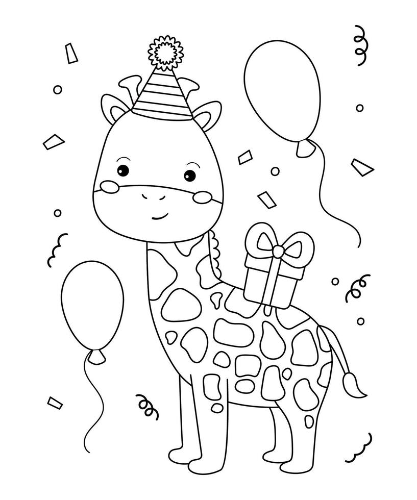 Coloring page for children. Funny cartoon giraffe with gift and balloons. Happy Birthday outline vector illustration. African animals.