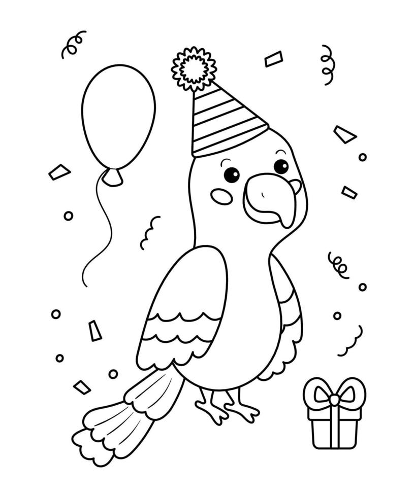 Happy birthday coloring page for children. Cute parrot with gift and balloons. Outline black and white vector illustration. Jungle animals.