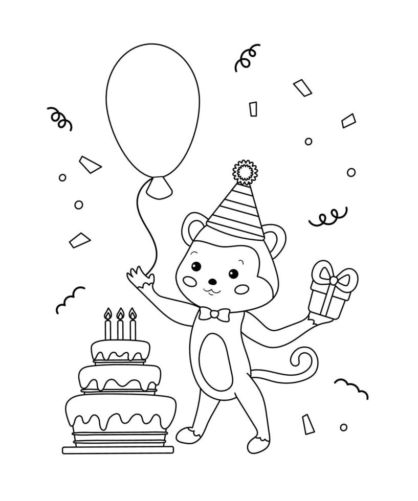 Happy Birthday coloring page. Cute cartoon monkey with gift, balloon and cake. Jungle animals. Black and white vector illustration.