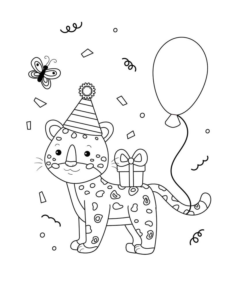 leopardo de dibujos animados con regalo y globo. Página para colorear del tema de feliz cumpleaños para el libro. ilustración vectorial de contorno para niños. Animales de la selva. vector