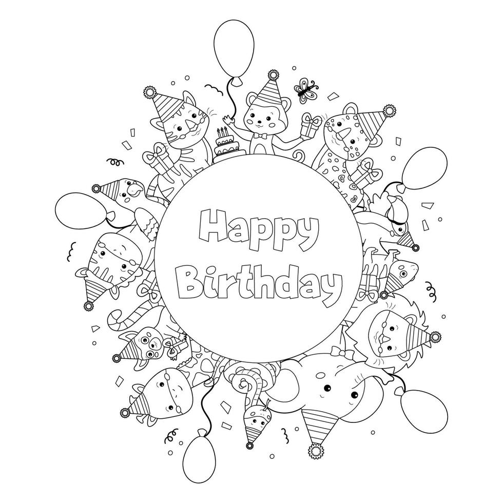 Happy birthday coloring page for children. Cute cartoon zoo animals. Outline black and white vector illustration.