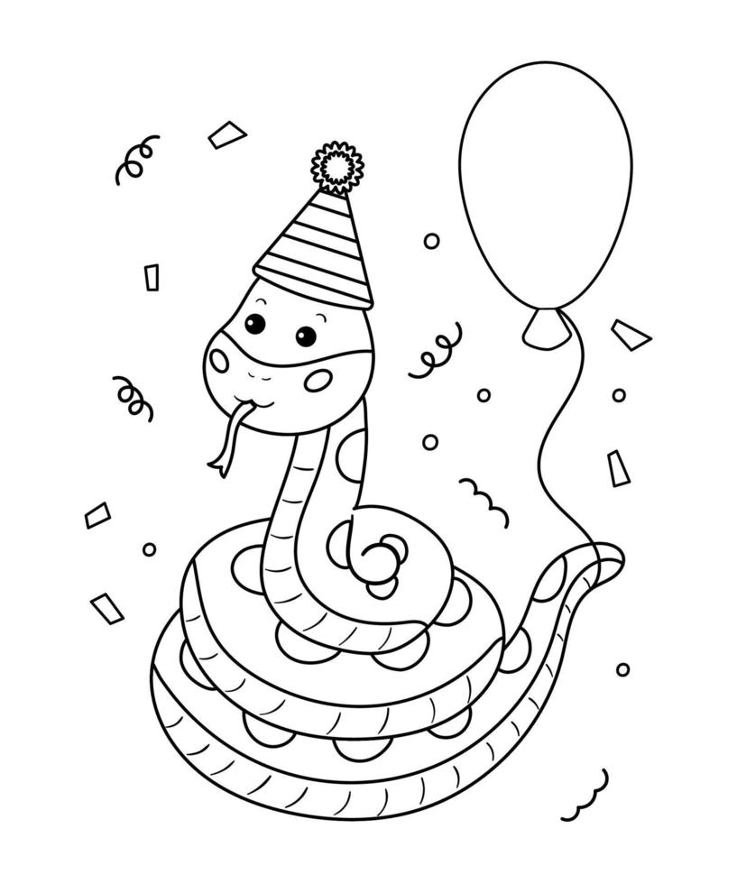 Jungle coloring page for kids. Happy Birthday vector illustration. Cute cartoon snake with balloons and gifts.