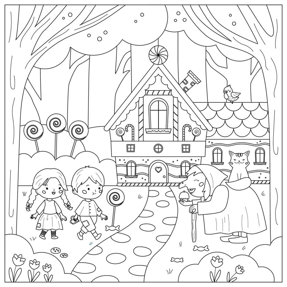 Coloring page with Hansel and Gretel. Cartoon witch, sweet house and funny cat. Classic fairy tale for children. Cute kawaii characters. Vector illustration for coloring book.