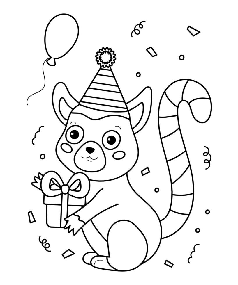 Coloring page for book. Cute cartoon lemur with gift and balloon. Happy Birthday illustration. Outline vector illustration. Jungle animals.