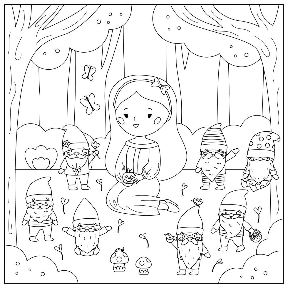 Dibujo para colorear de Blancanieves y los siete enanitos. lindos  personajes de dibujos animados kawaii. cuento