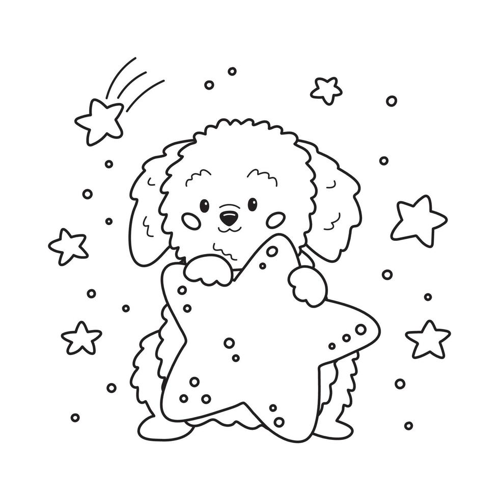 Cute cartoon dog with star. Coloring page for children. Outline vector illustration.