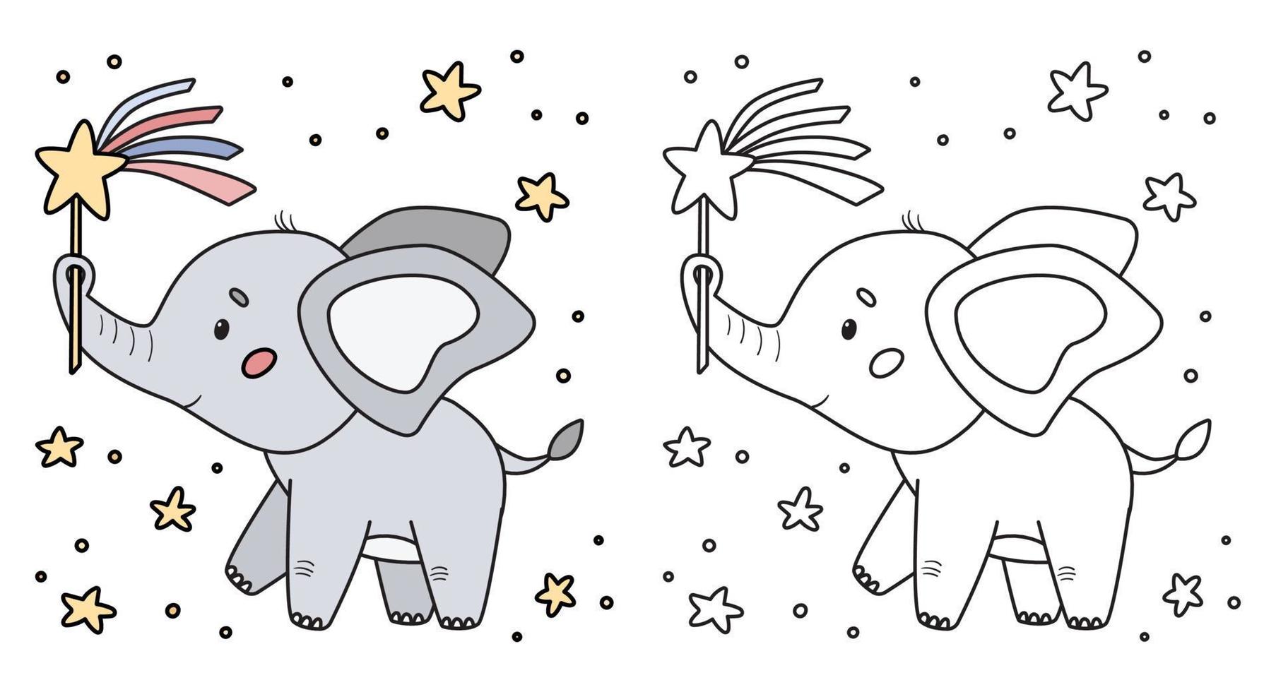 página para colorear para niños en edad preescolar. lindo elefante kawaii de dibujos animados con varita mágica y estrellas. juego educativo para niños. ilustración vectorial de contorno blanco y negro. vector