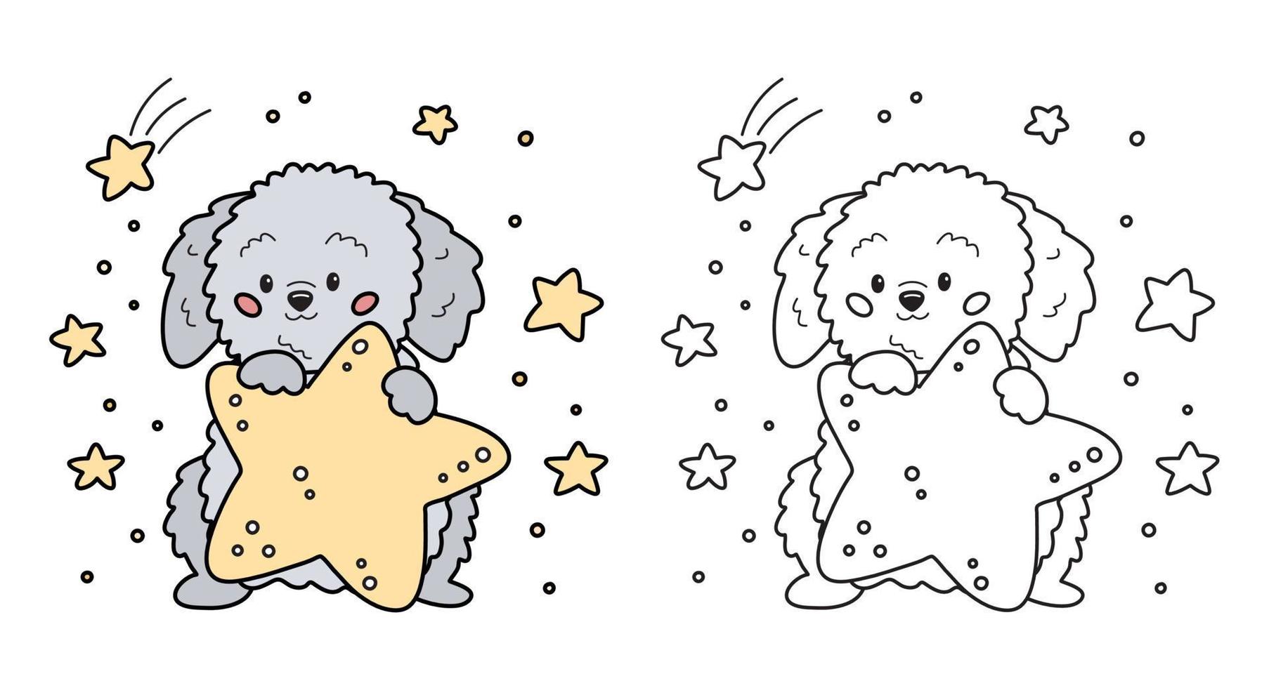 página para colorear para niños. lindo perro de dibujos animados con estrellas. personaje de cachorro labradoodle. ilustración vectorial para niños en edad preescolar, juegos, impresión y educación. vector