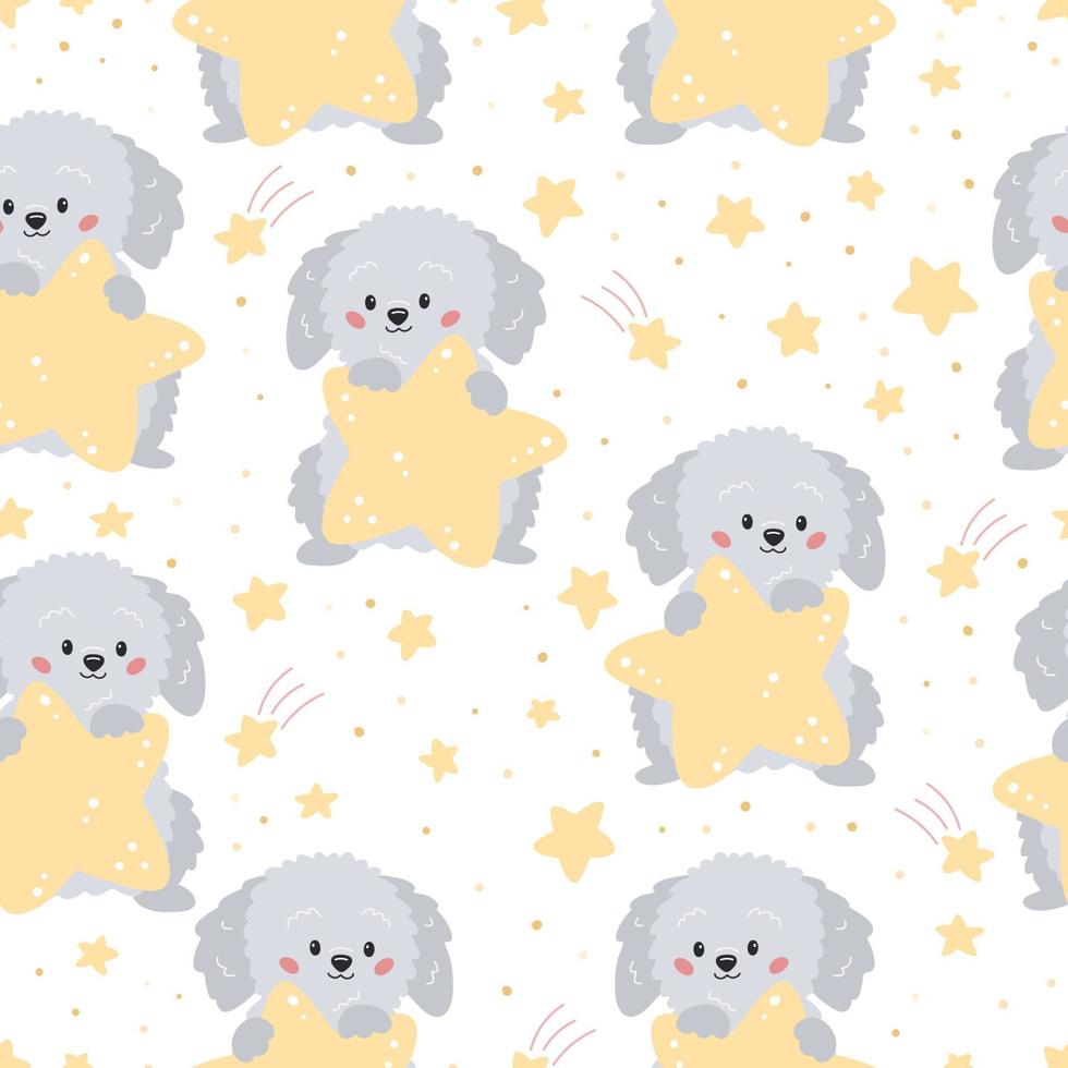 patrón infantil sin costuras con lindo perro gris de dibujos animados y estrellas amarillas sobre fondo blanco. caracteres vectoriales ideal para textiles, papel tapiz e impresión. vector