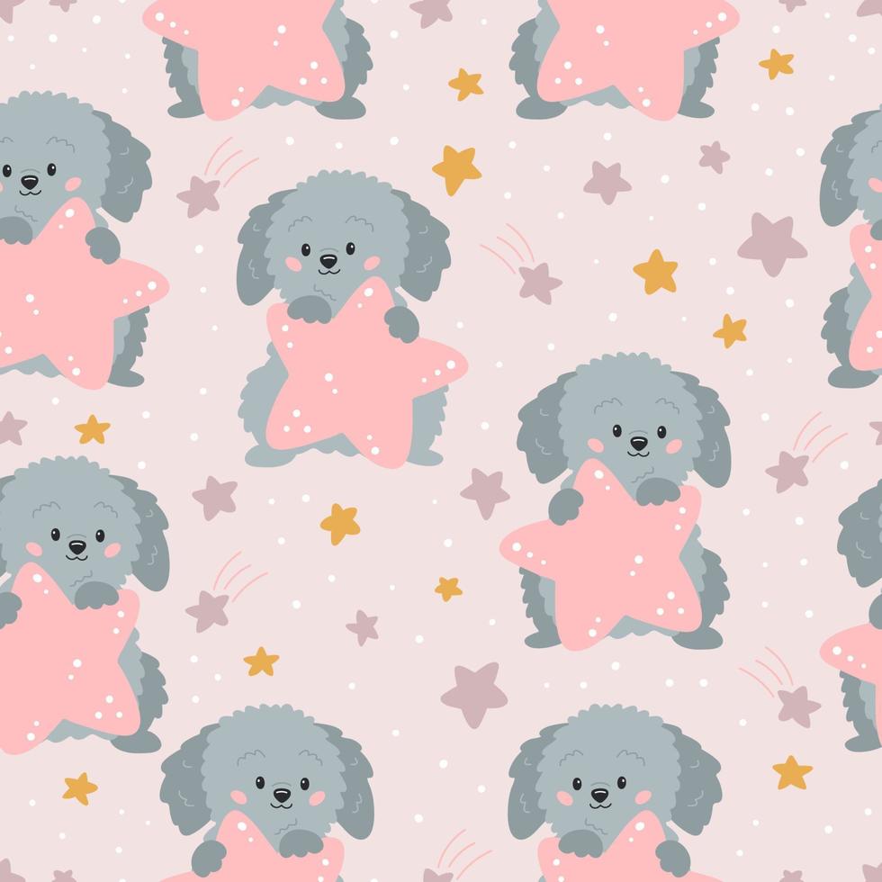 Childish seamless pattern with cute cartoon dog and stars on pink background. Ideal for fabrics, print, wallpaper and wrapping paper. Vector hand drawn puppy character.