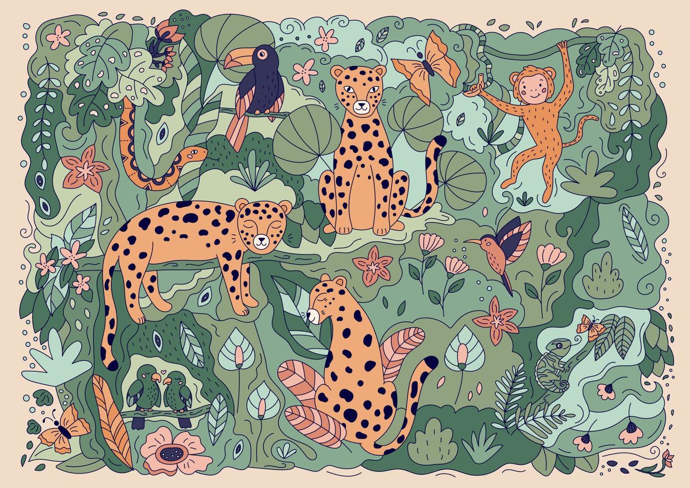 fondo de la jungla de fideos con leopardo dibujado a mano, serpiente, mono, loros, tucán, colibrí, camaleón y mariposa. animales de dibujos animados ilustración vectorial para carteles y tarjetas de felicitación. vector