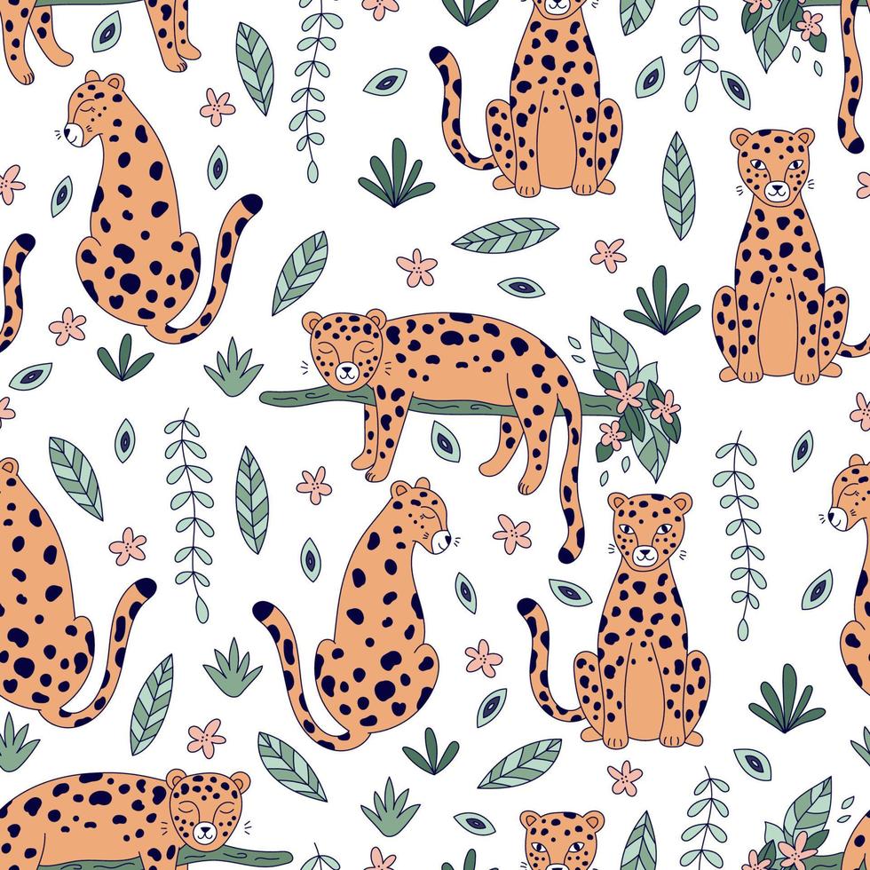 Seamless pattern with cute leopards on white background. Hand drawn doodle animals. Jungle plants and flowers. Vector illustration.