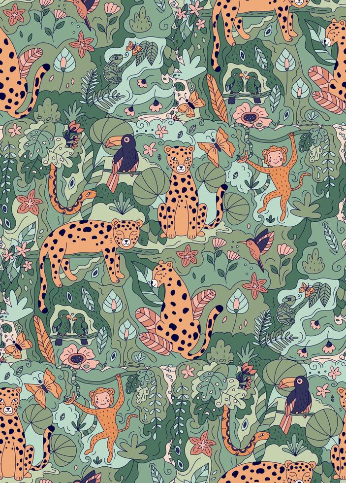 Jungle seamless pattern with doodle animals. Hand drawn leopards, parrots, toucan, chameleon, snake and monkey. Vector illustration ideal for wallpapers, nursery and fabrics. Rainforests plants.