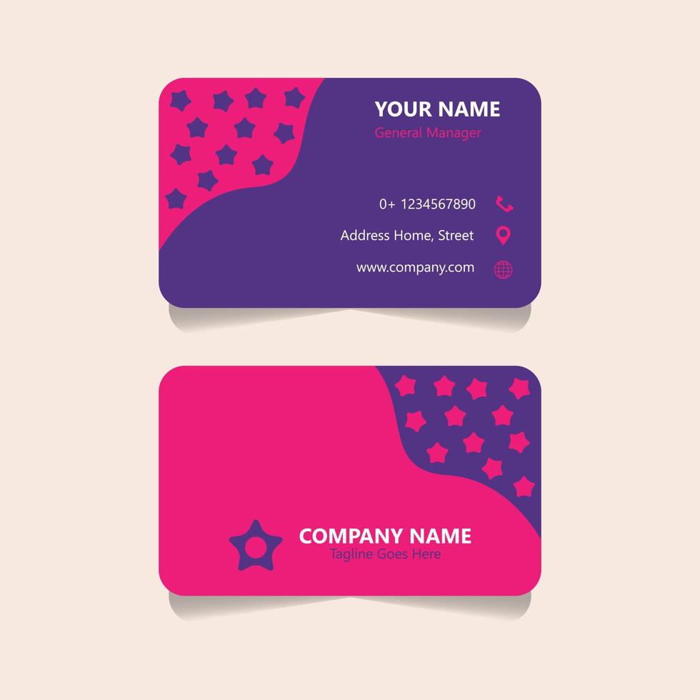 Modern business card design template. Vector cards with pink and purple stars, decoration elements. Business cards template.