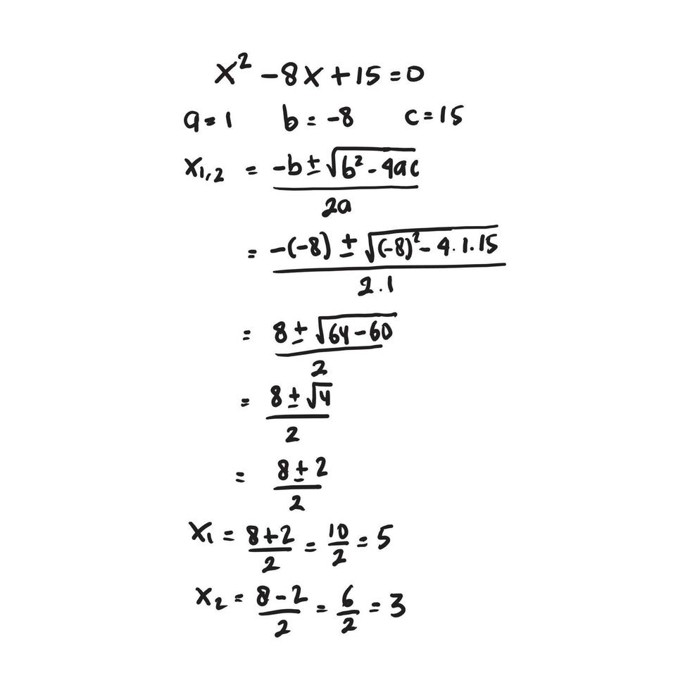 solución manuscrita de ecuaciones cuadráticas. paso a paso en la factorización de ecuaciones cuadráticas. vectores editables. eps10. matemáticas. matemáticas. resolución de problemas