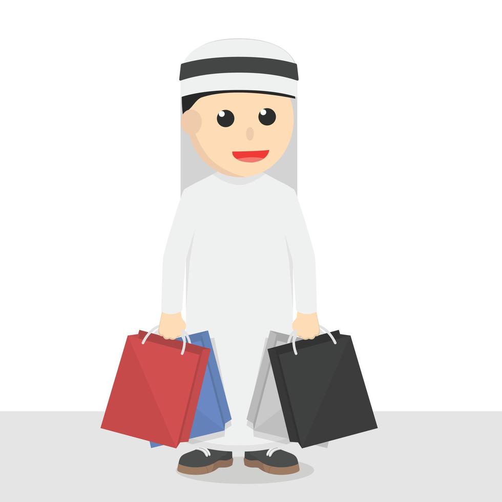 Carácter de diseño de bolsa de compras árabe empresario sobre fondo blanco. vector
