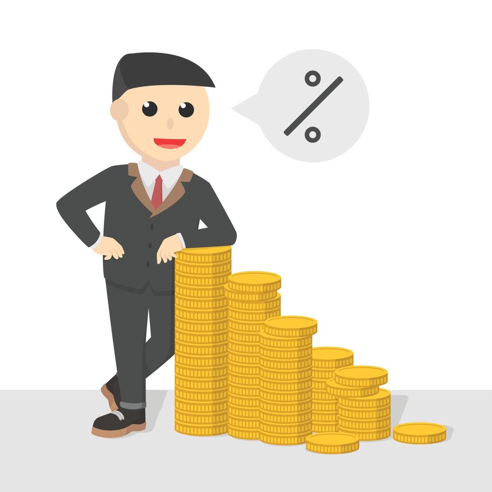 businessman leaning in gold coins pile design character on white background vector