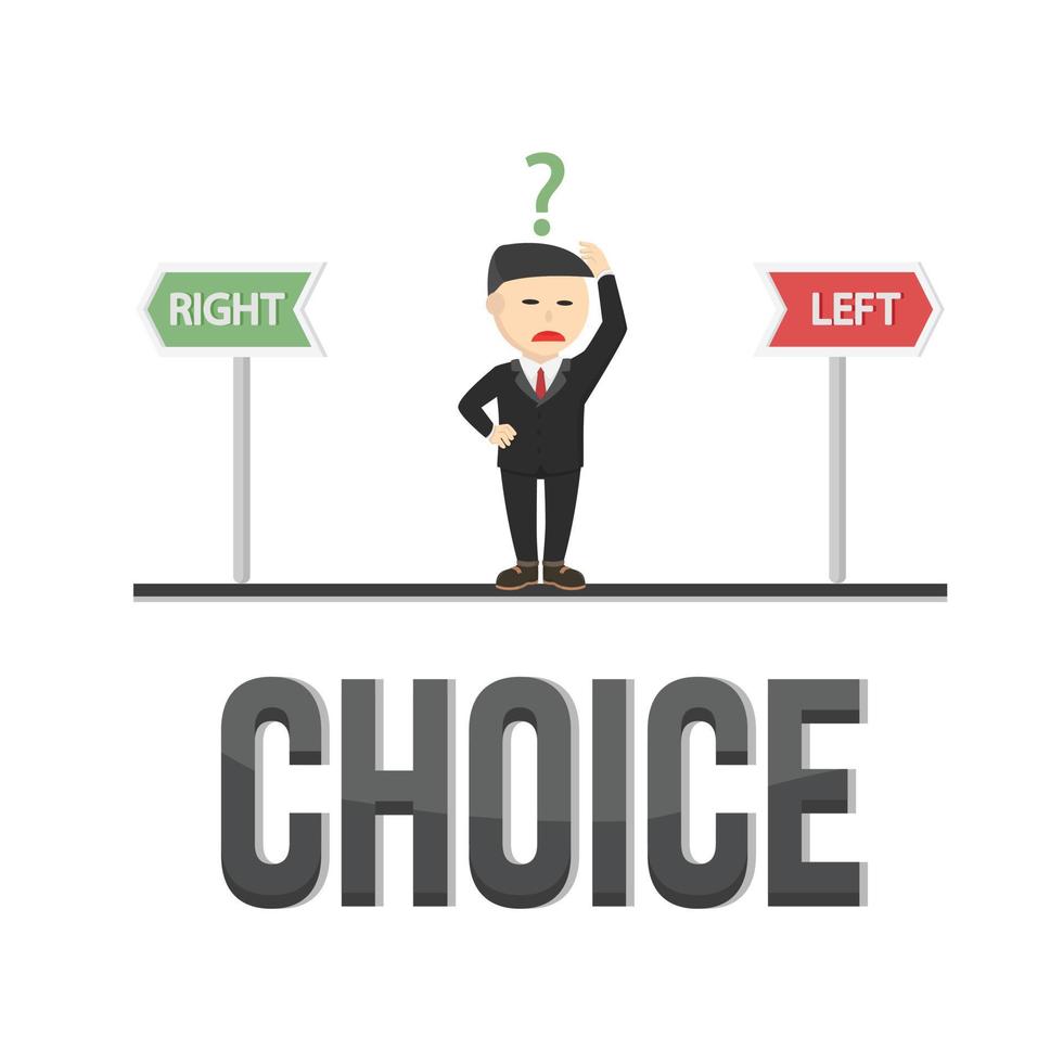 businessman character makes choice with arrow signs on white background vector