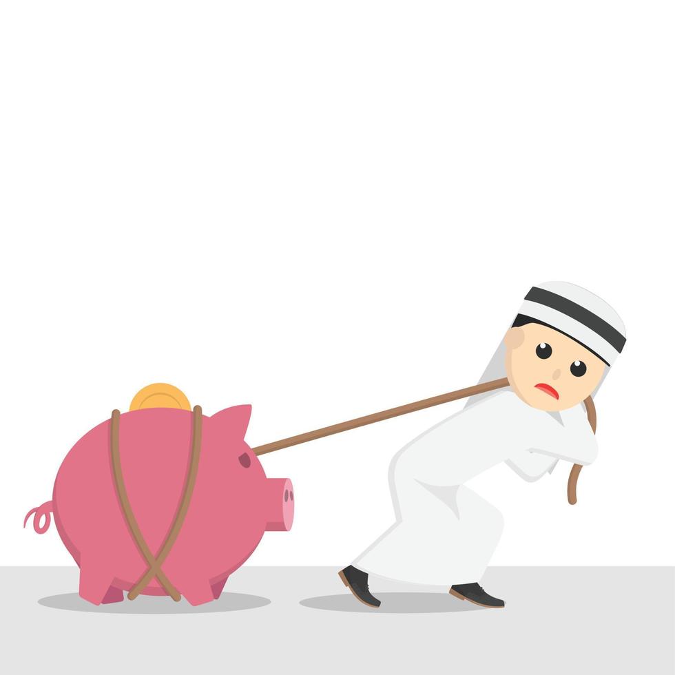 businessman arabian pulling the piggy bank design character on white background vector
