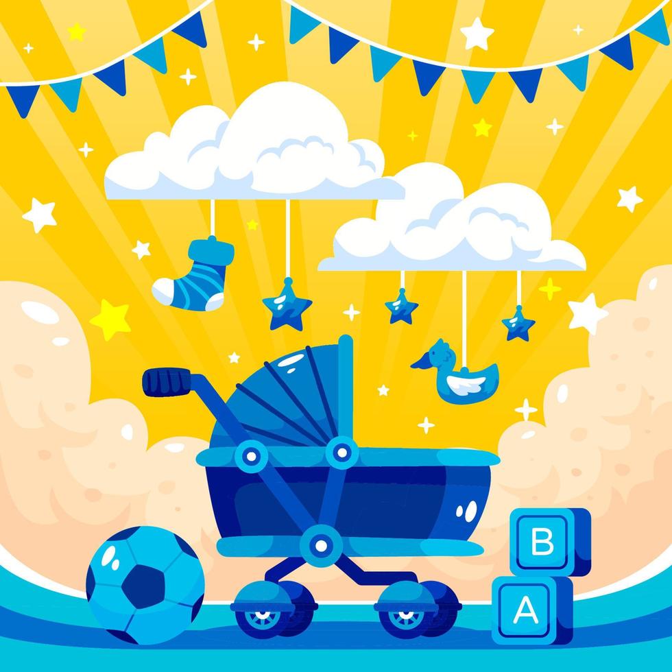 Bornday with Baby Toys and Stroller Concept vector