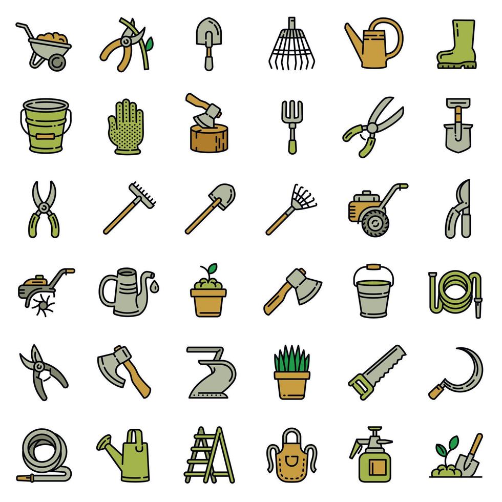 conjunto de iconos de herramientas de jardinería, estilo de contorno vector