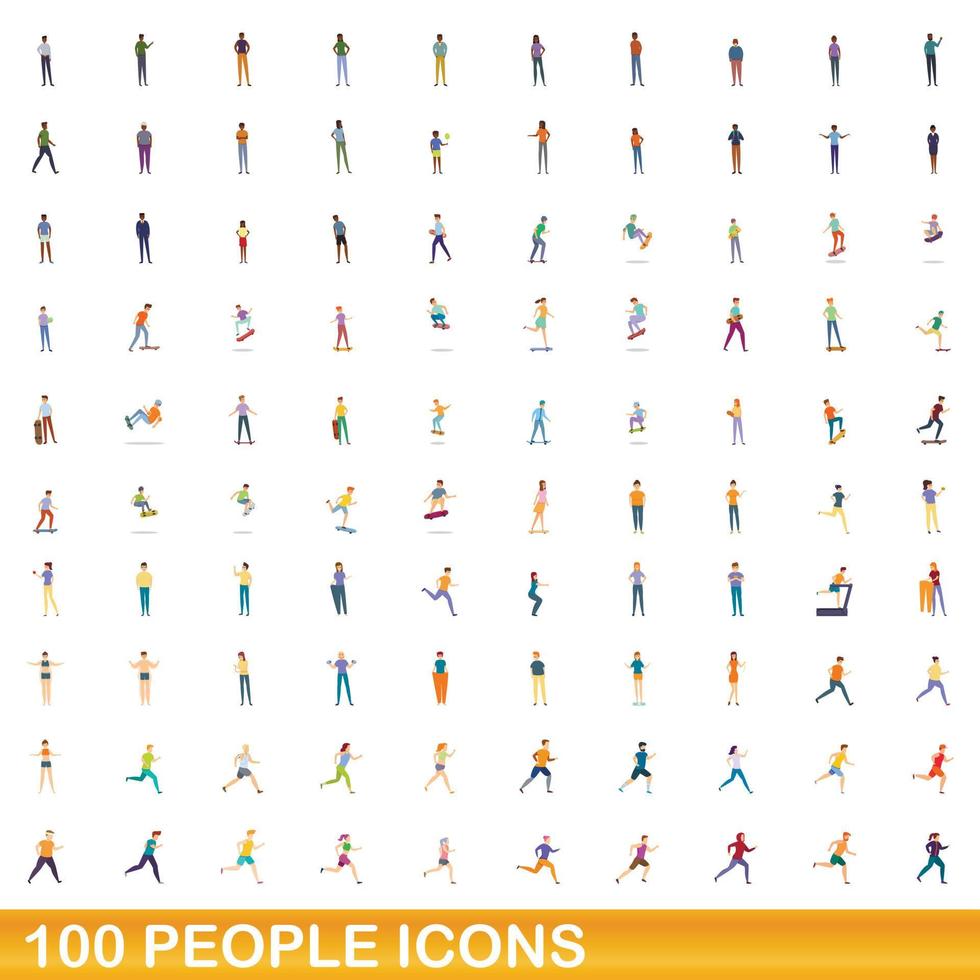 100 people icons set, cartoon style vector